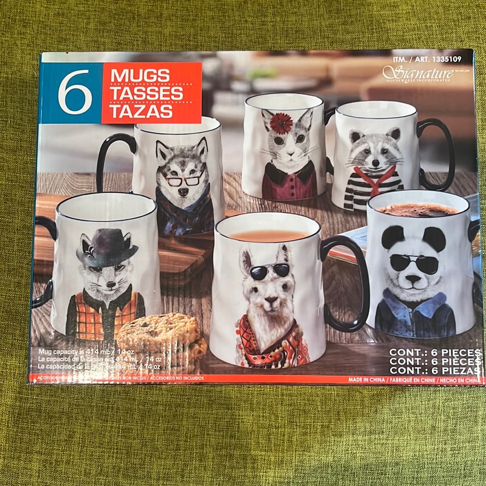 6 coffee mugs with cute animal characters